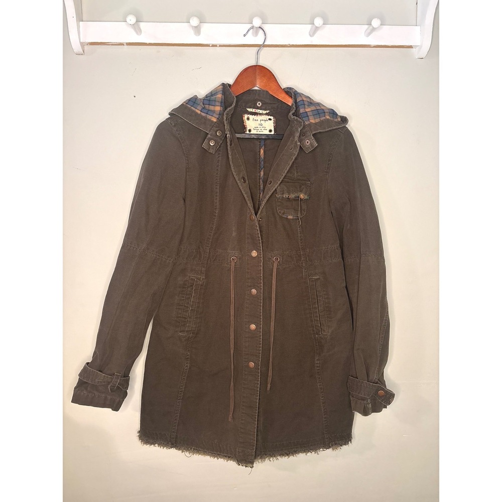 Free People Olive Green Canvas Utility Jacket Plaid Trim Hooded Barn Coat 10
